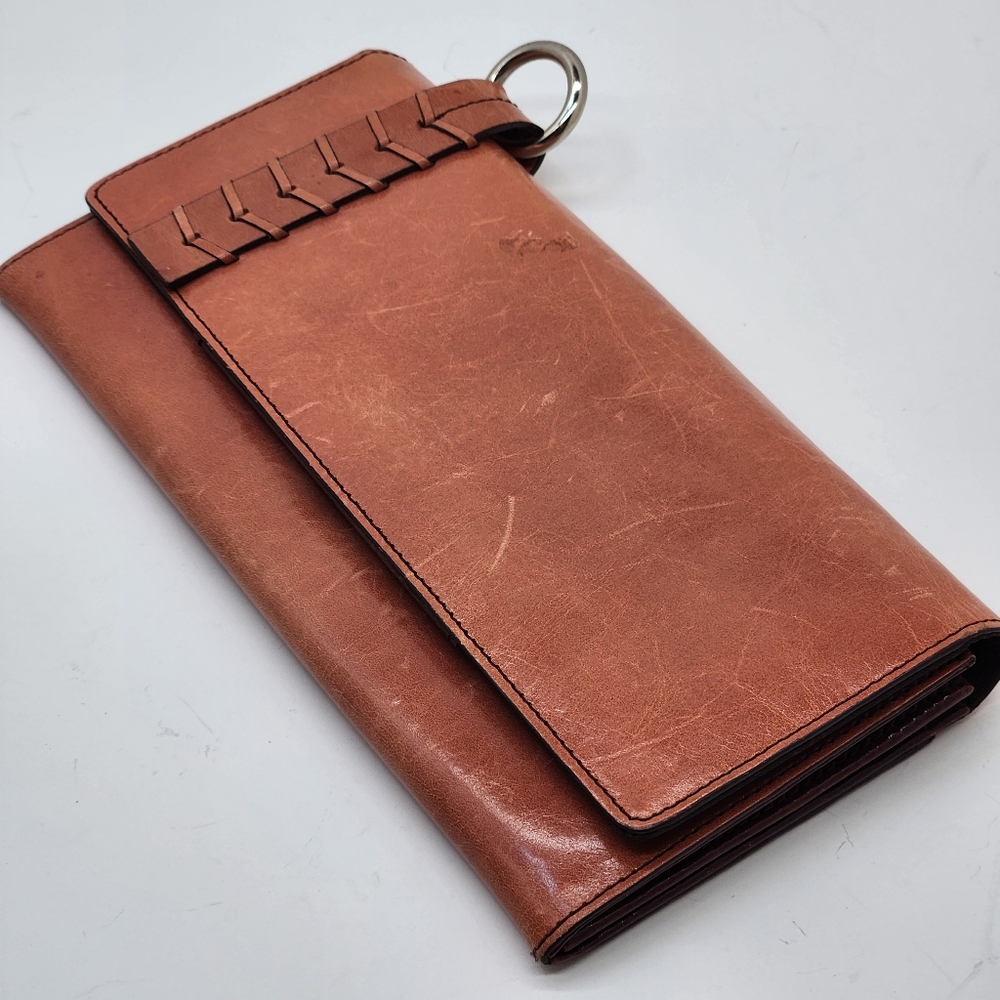 Vintage 90s Kenneth Cole wallet women's tan brown glossy leather bifold woven